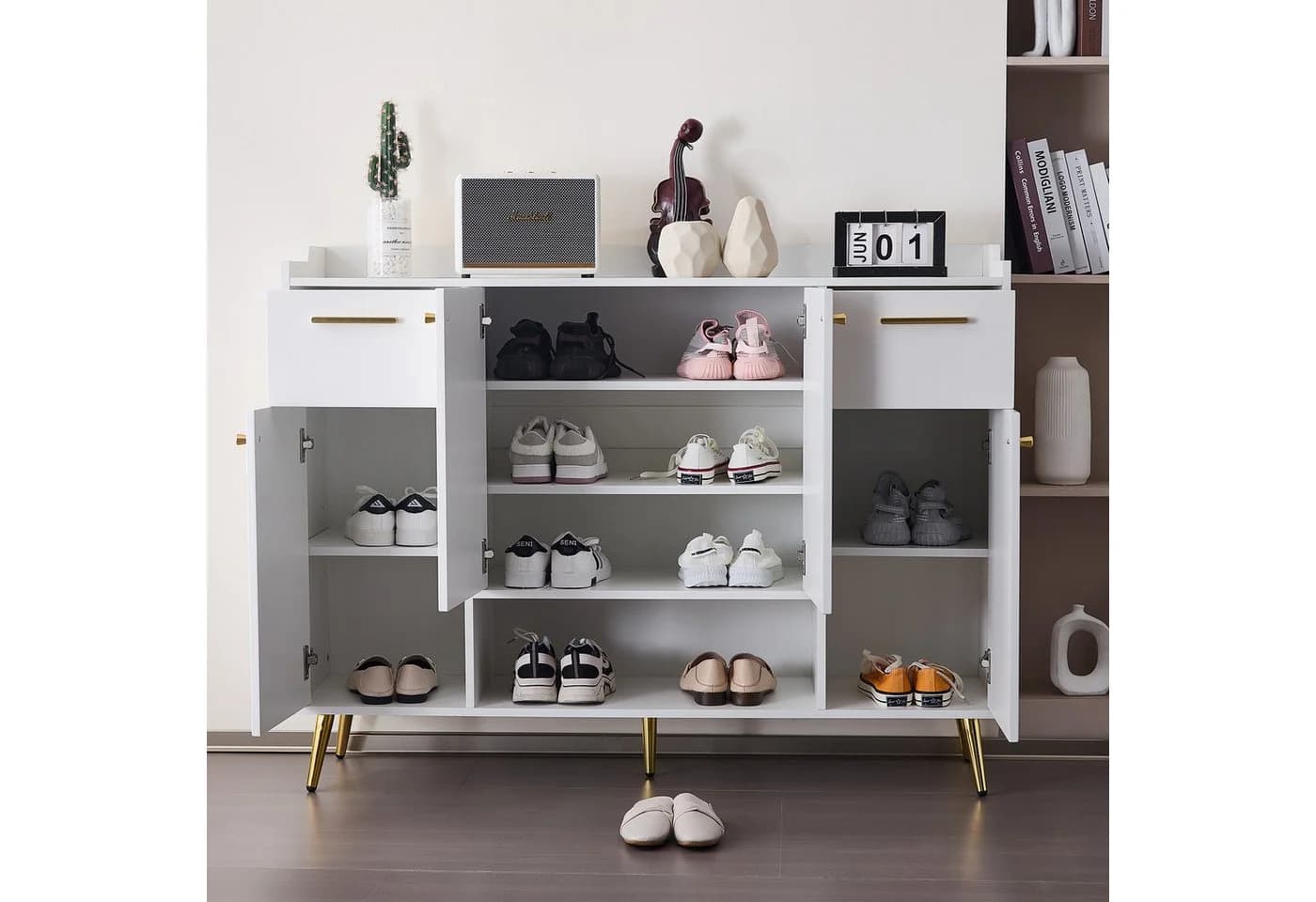 Flieks Schuhschrank Weiß mit 4 Türen und 2 Schubladen