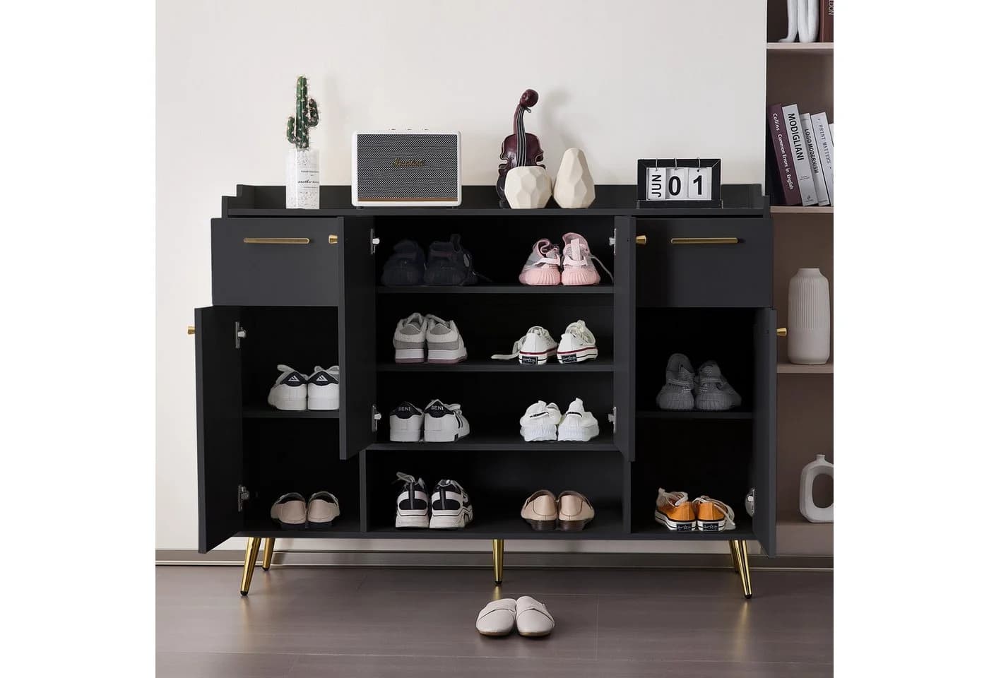 Flieks Schuhschrank mit 2 Schubladen und 4 Türen Schwarz