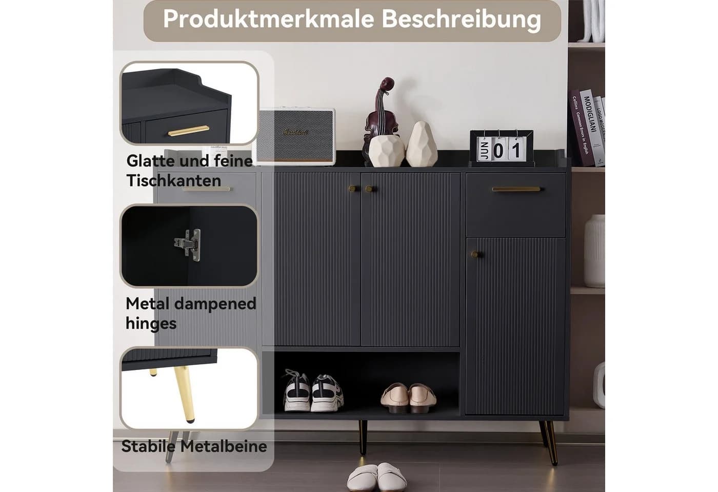 Flieks Schuhschrank mit 2 Schubladen und 4 Türen Schwarz - Bild 5