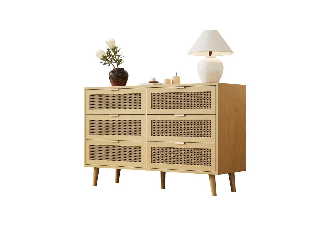 Merax Kommode 6 Schubladen Rattan Optik Massivholzbeine Braun - Bild 2