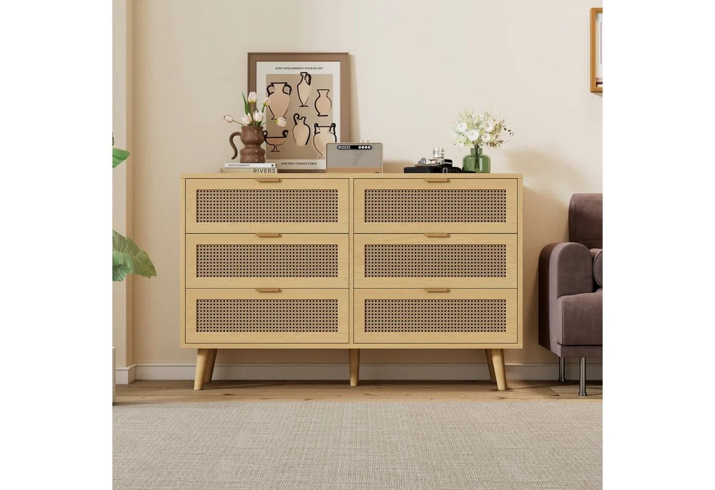 Merax Kommode 6 Schubladen Rattan Optik Massivholzbeine Braun - Bild 3