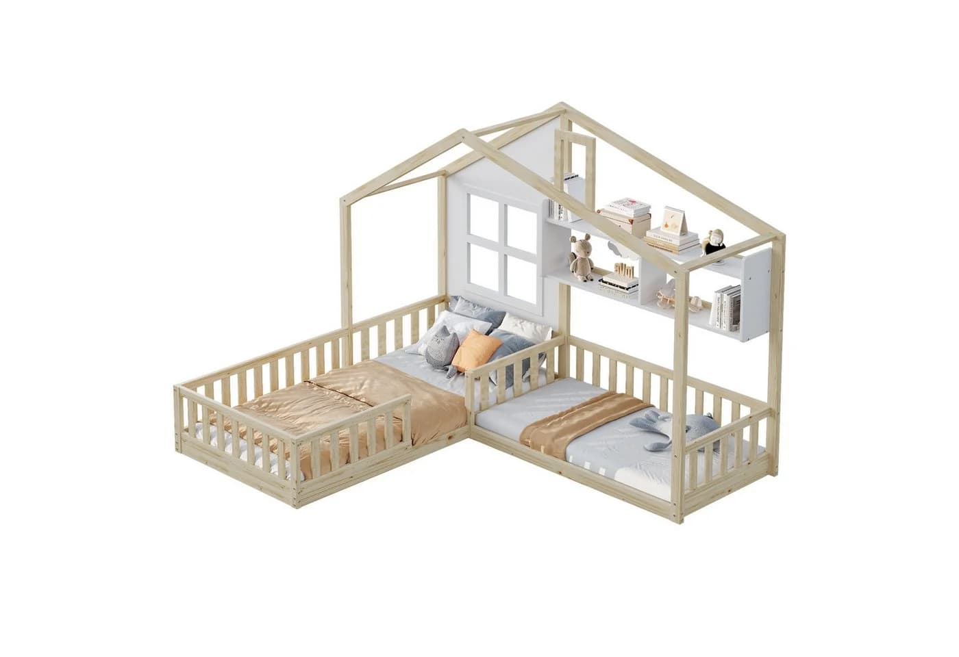 Merax Kinderbett 90x200cm/140x70cm mit Lattenrost Hausbett mit Rausfallschutz, Schornstein und Regalen - Bild 2