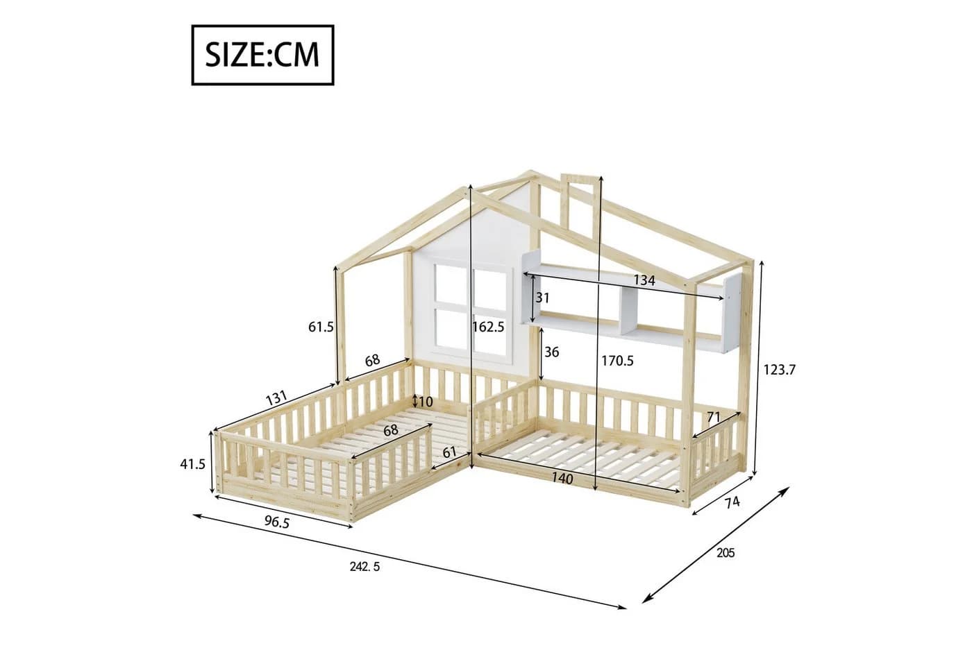 Merax Kinderbett 90x200cm/140x70cm mit Lattenrost Hausbett mit Rausfallschutz, Schornstein und Regalen - Bild 5
