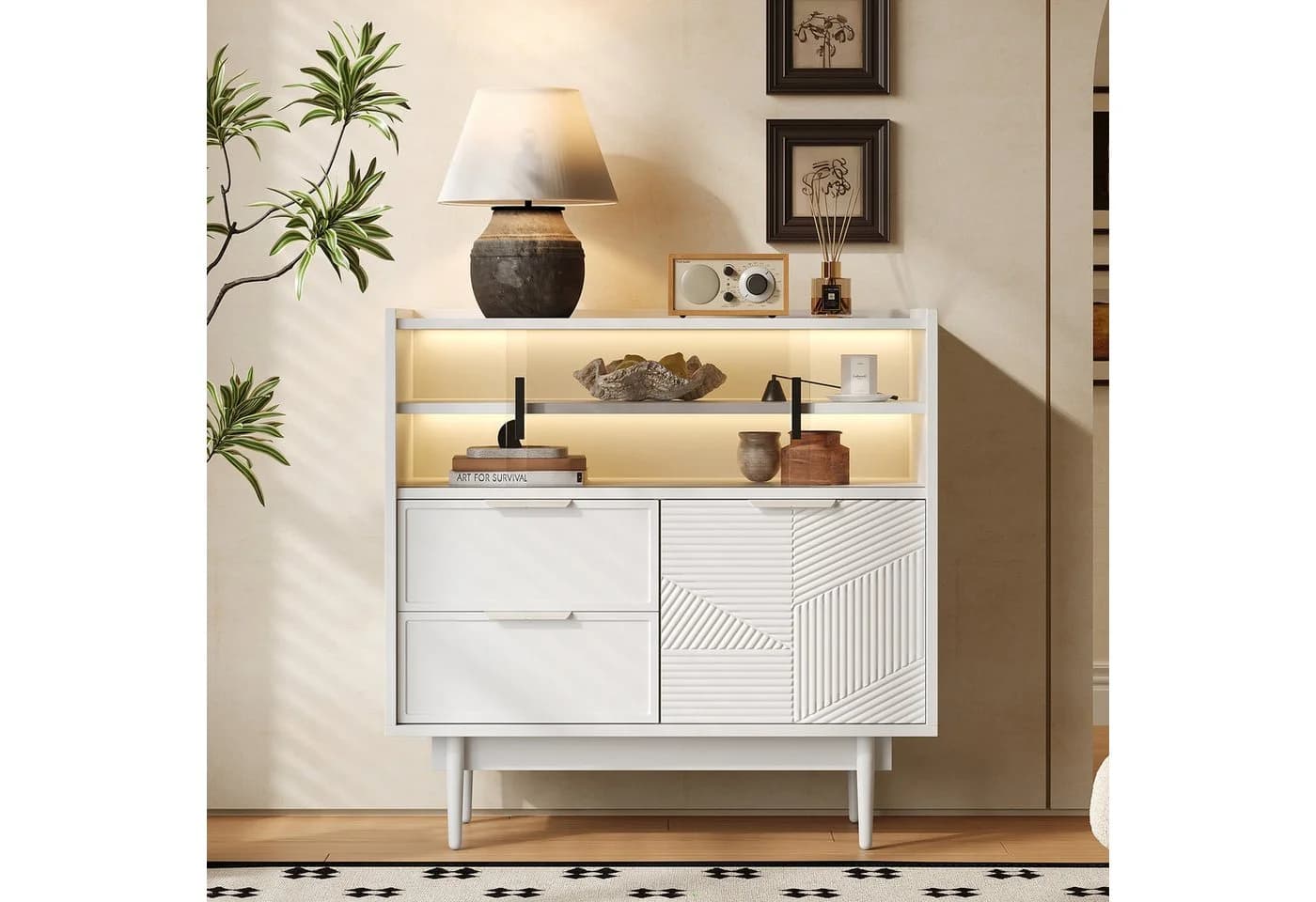 Flieks Sideboard mit 2 Schubladen und 2 Glasschiebetüren Weiß