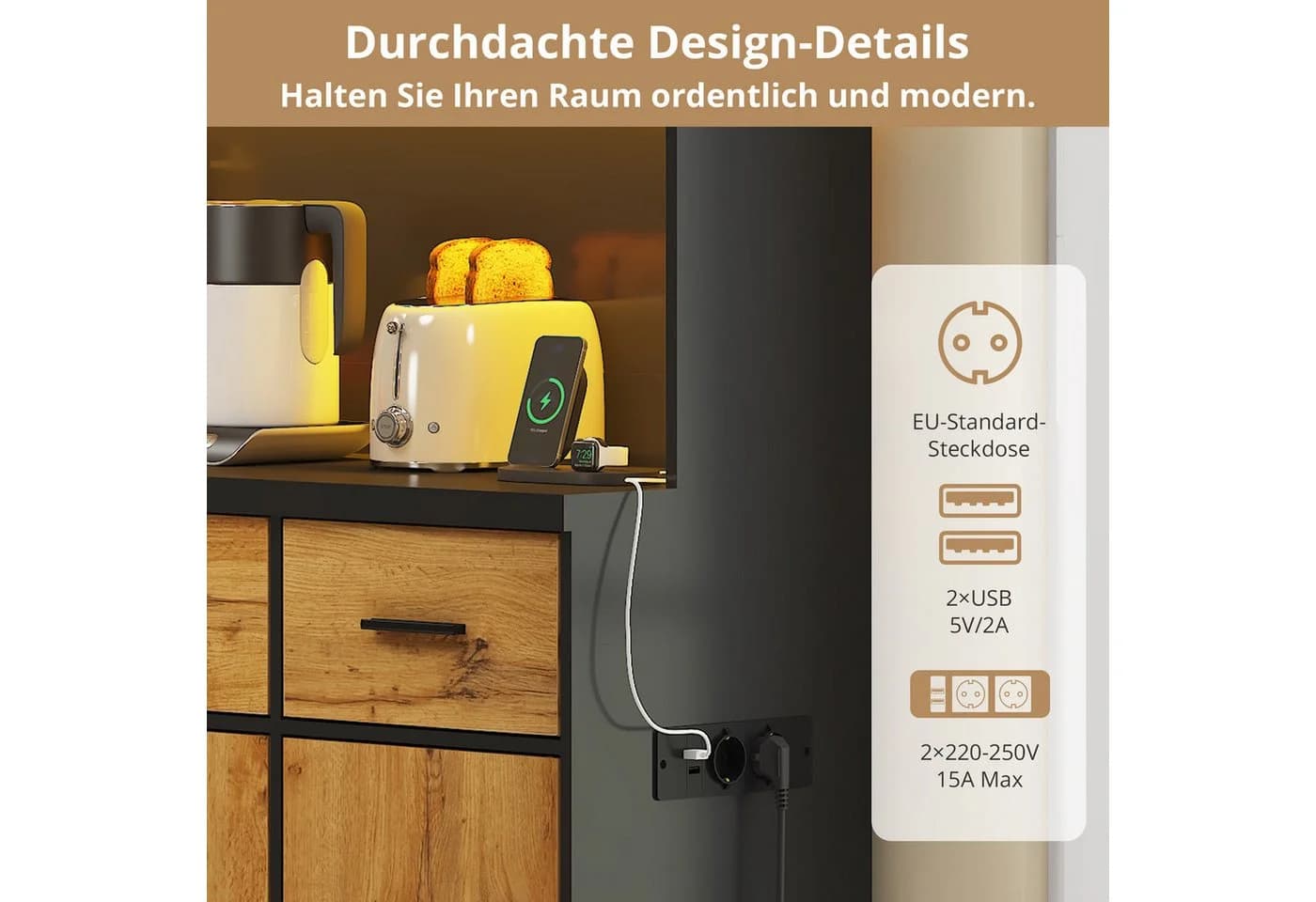 Flieks Küchenbuffet mit LED-Beleuchtung und Steckdosen - Bild 5