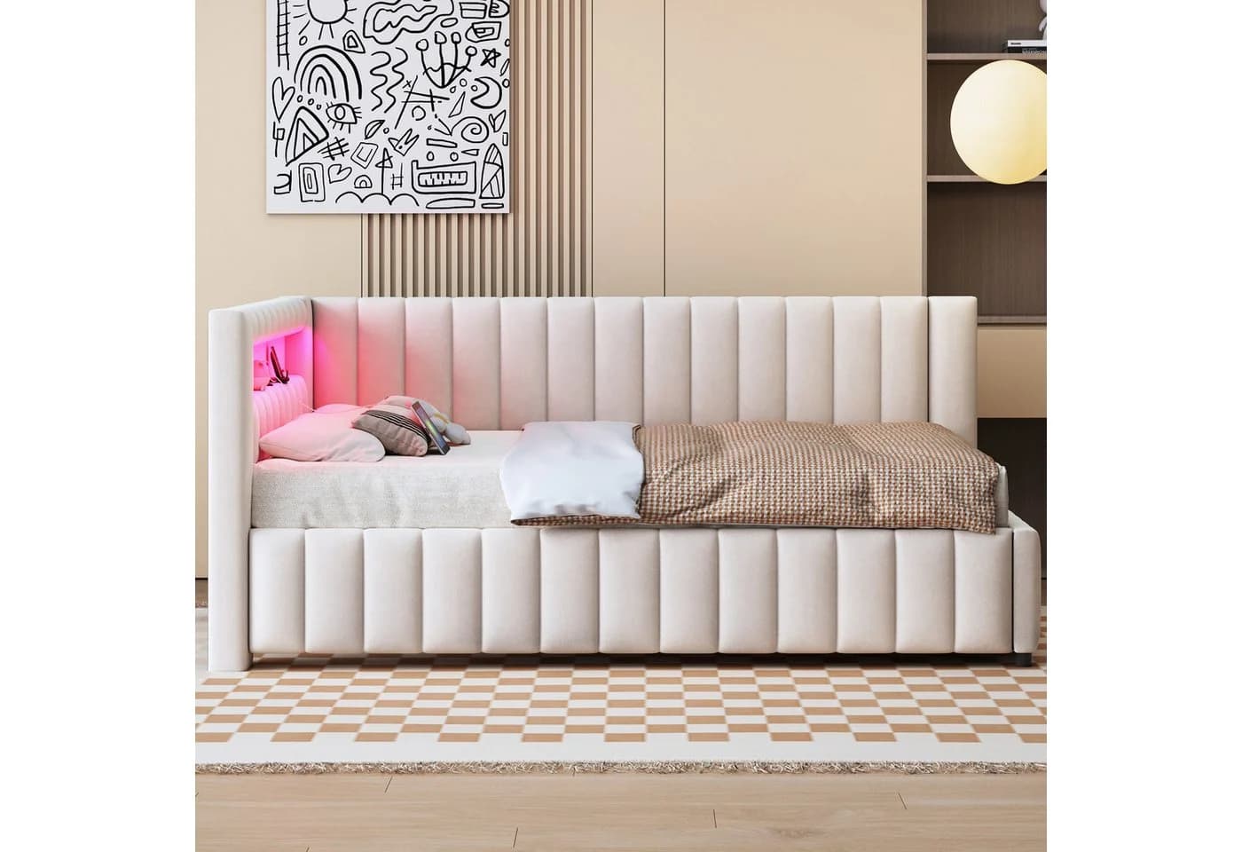 Merax L-förmiges Schlafsofa mit LED & USB, Samt, Beige/Grau
