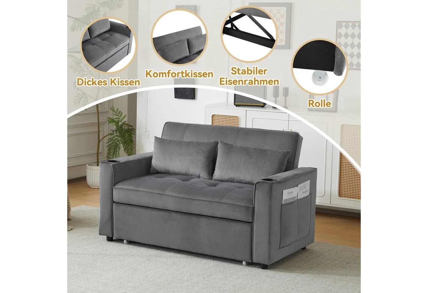 Merax Schlafsofa Grau 3-in-1 mit Schlaffunktion und Stauraum
