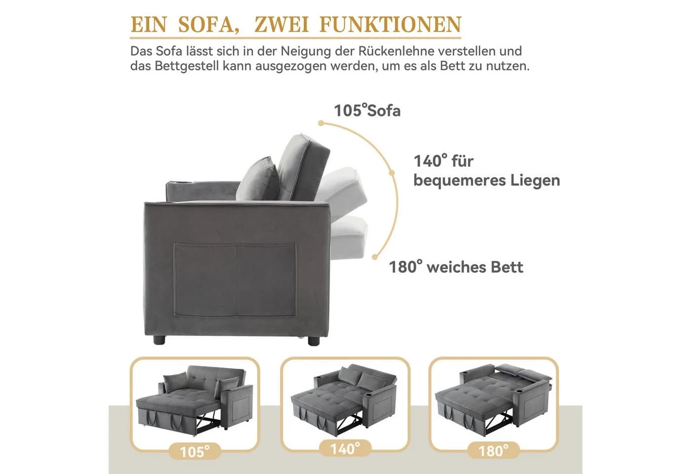 Merax Schlafsofa Grau 3-in-1 mit Schlaffunktion und Stauraum - Bild 3