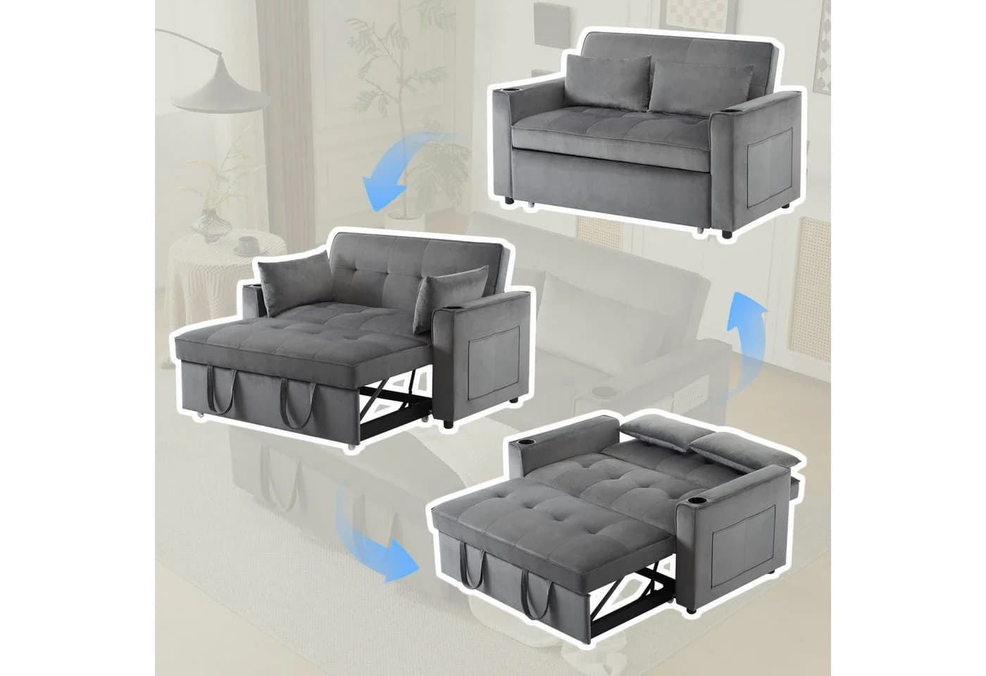 Merax Schlafsofa Grau 3-in-1 mit Schlaffunktion und Stauraum - Bild 4
