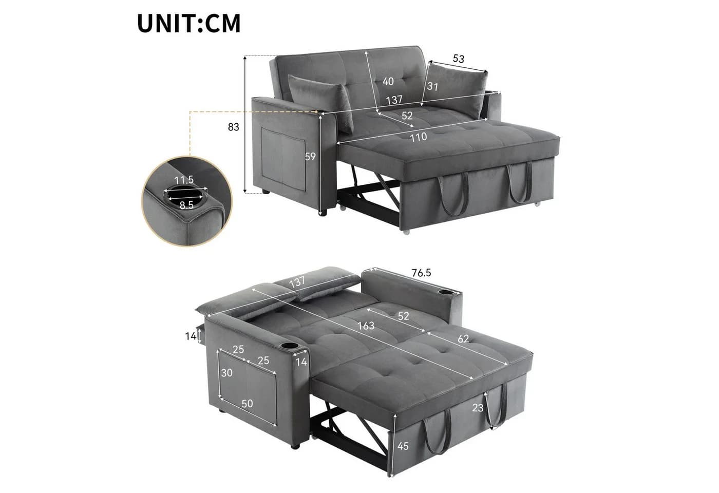 Merax Schlafsofa Grau 3-in-1 mit Schlaffunktion und Stauraum - Bild 5