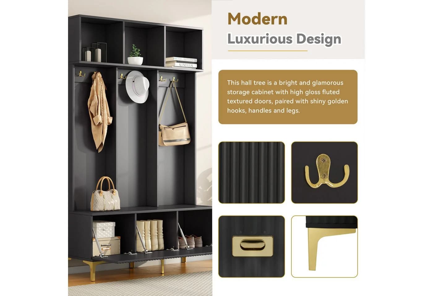 Merax Garderoben-Set mit Schuhbank und Haken Schwarz/Gold - Bild 3