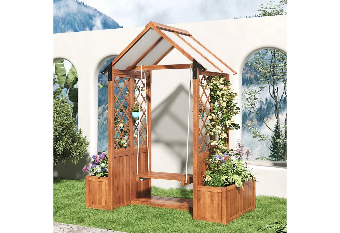 Merax Blumenkasten mit Schaukel und Sonnendach Braun - Bild 5