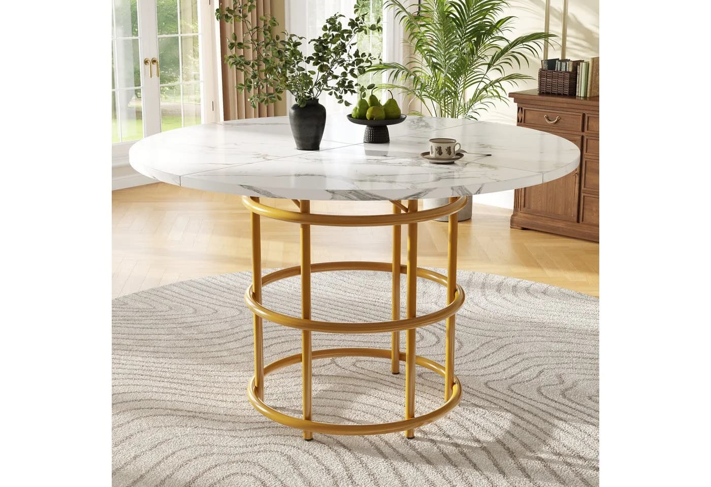 Flieks Runder Esstisch 100x100 cm Weiß Gold Marmoroptik - Bild 2
