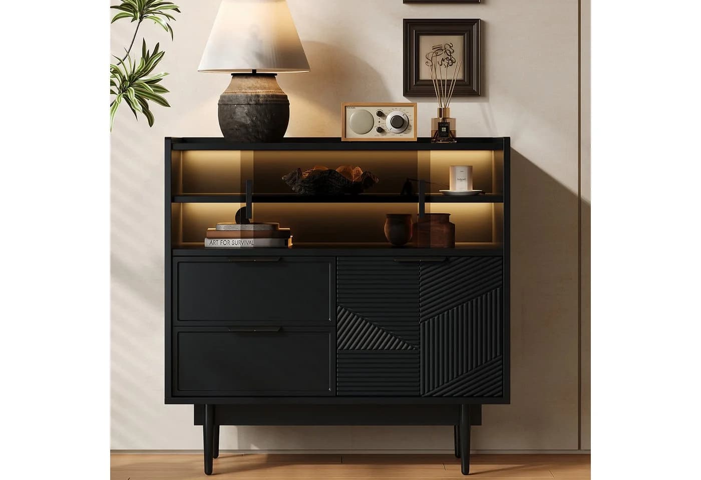 Flieks Sideboard Schwarz mit LED-Beleuchtung und Glasschiebetüren