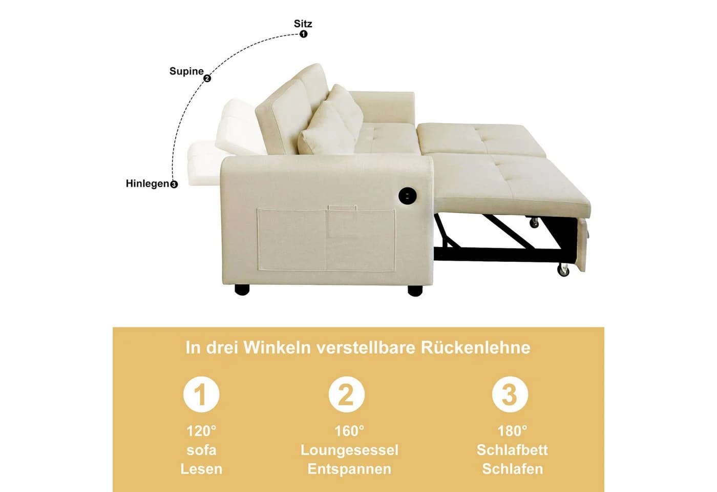 Merax Schlafsofa 3-in-1 Ausziehsofa Beige mit USB-Anschluss - Bild 3