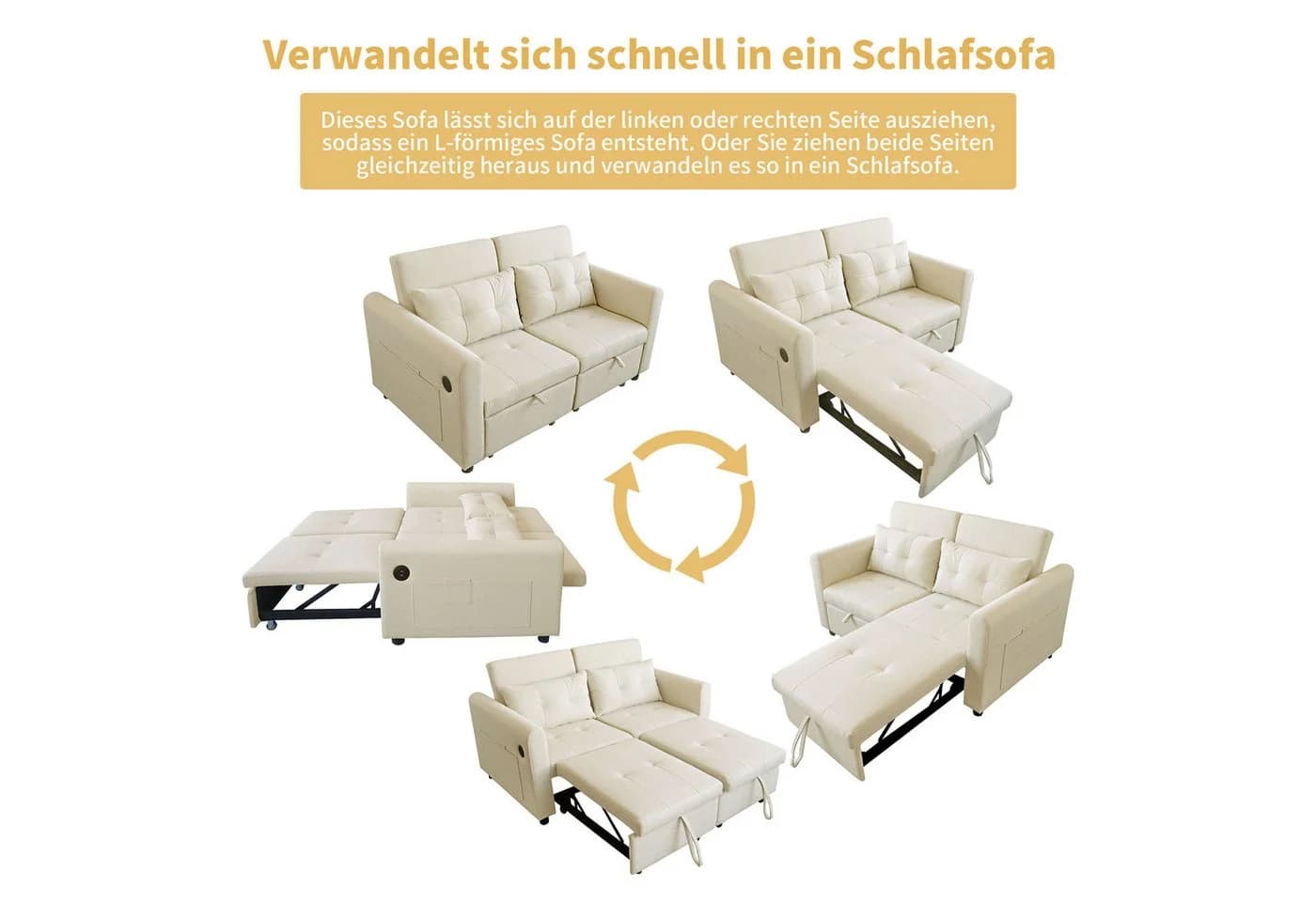 Merax Schlafsofa 3-in-1 Ausziehsofa Beige mit USB-Anschluss - Bild 4