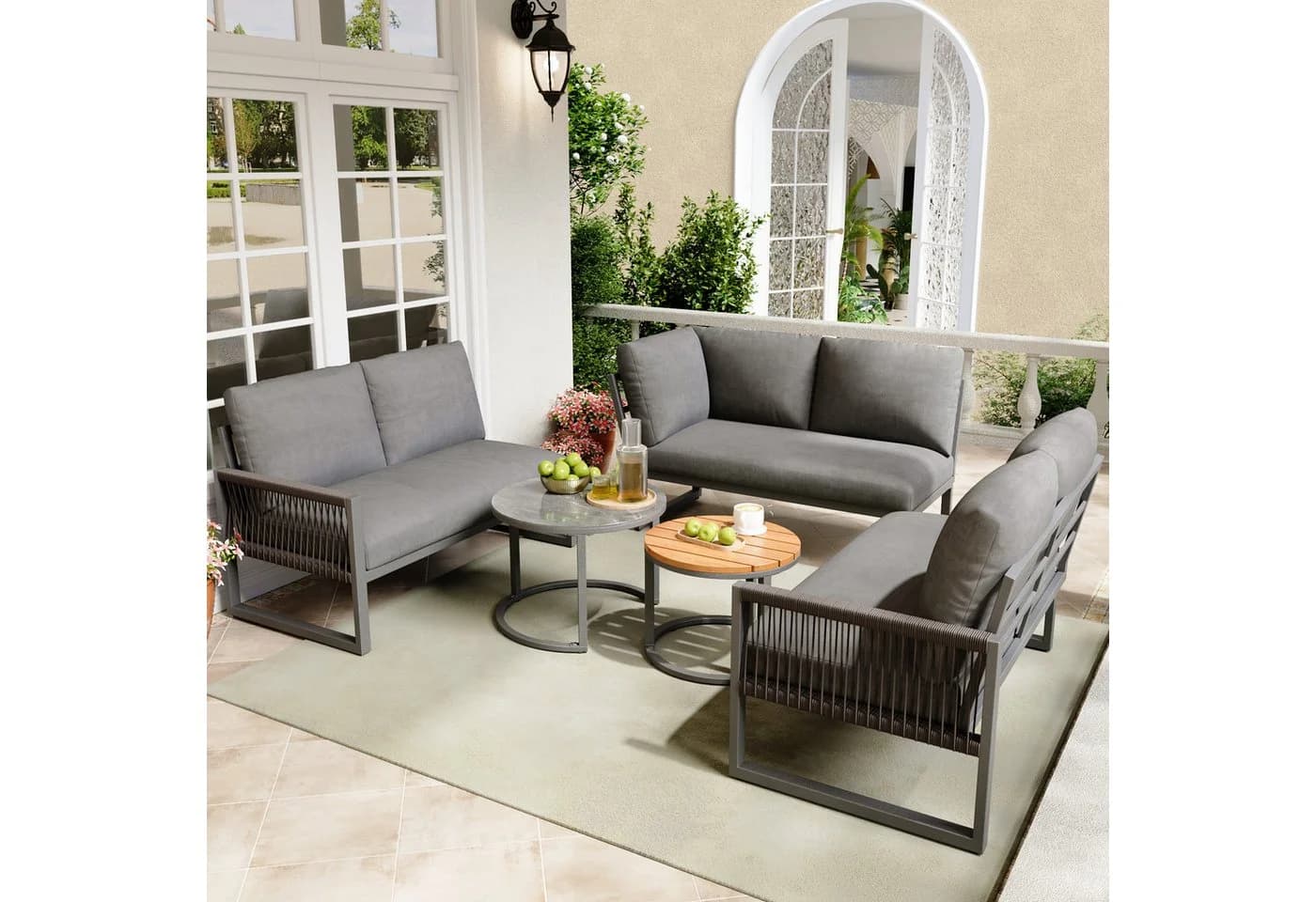 Merax Gartenlounge-Set 5-tlg. Grau mit Kissen & verstellbaren Füßen