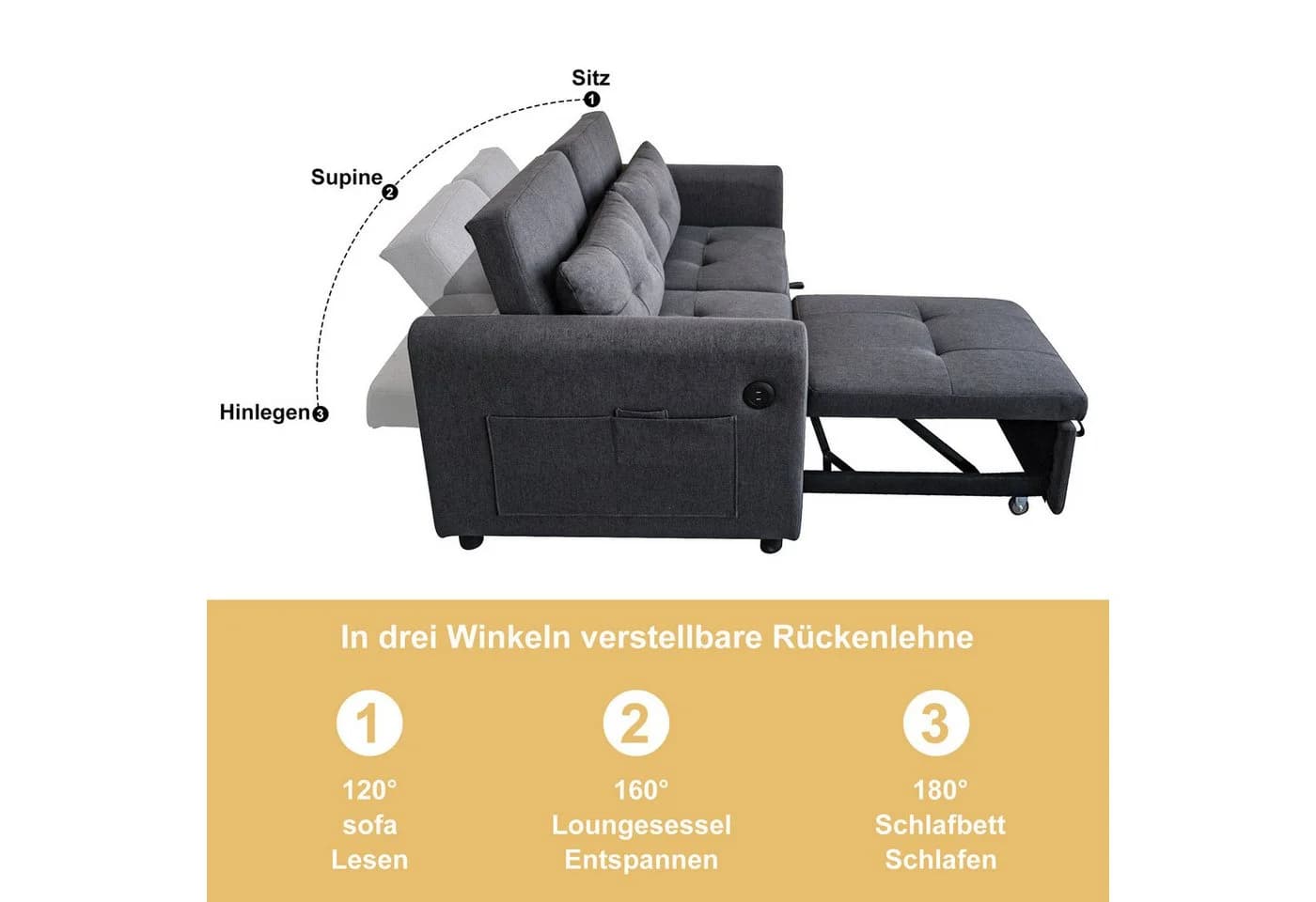 Merax Schlafsofa 3-in-1 Ausziehsofa Grau mit USB-Anschluss - Bild 3