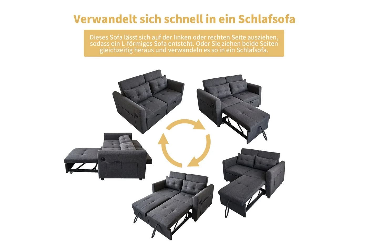 Merax Schlafsofa 3-in-1 Ausziehsofa Grau mit USB-Anschluss - Bild 4