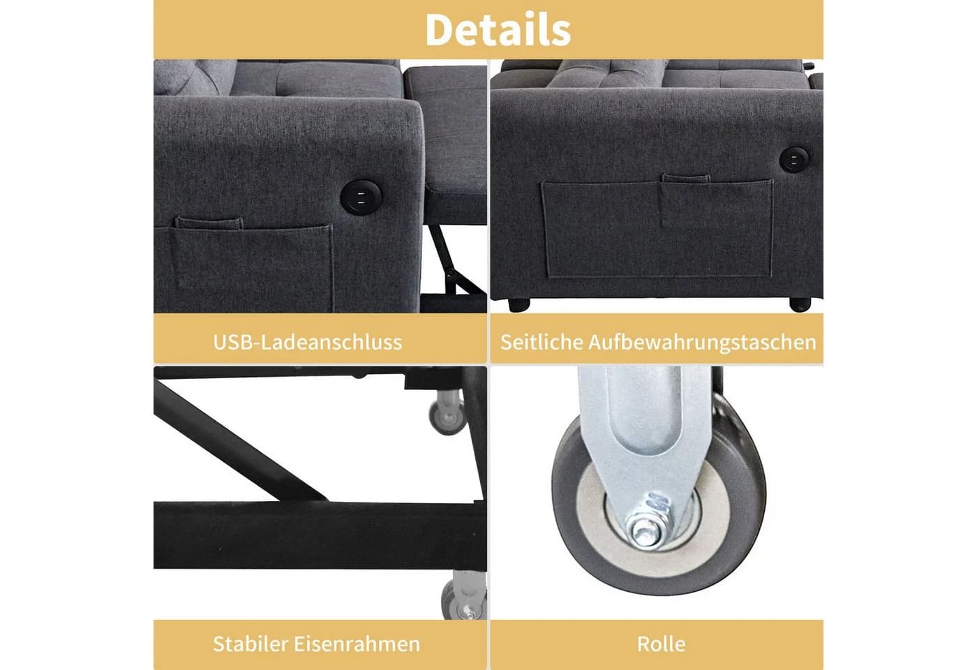Merax Schlafsofa 3-in-1 Ausziehsofa Grau mit USB-Anschluss - Bild 5