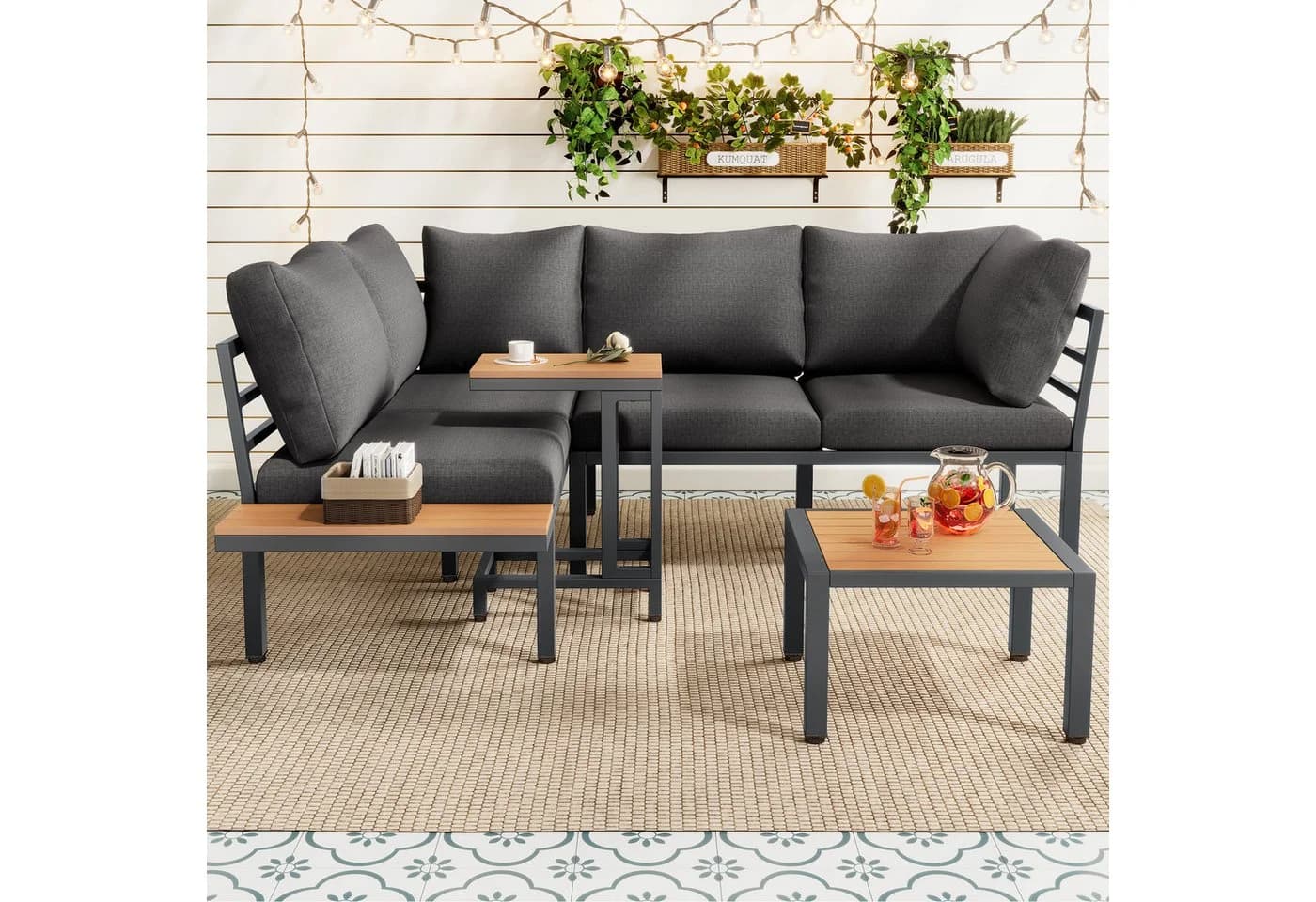 Merax Gartenlounge-Set 5-Sitzer Grau/Schwarz mit Kissen