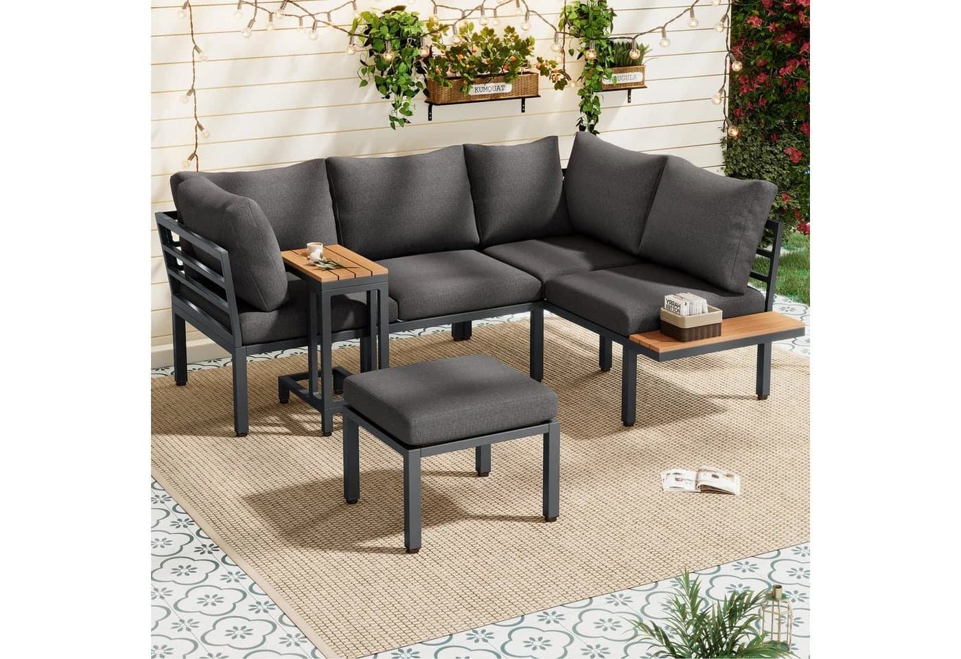 Merax Gartenlounge-Set 5-Sitzer Grau/Schwarz mit Kissen - Bild 3