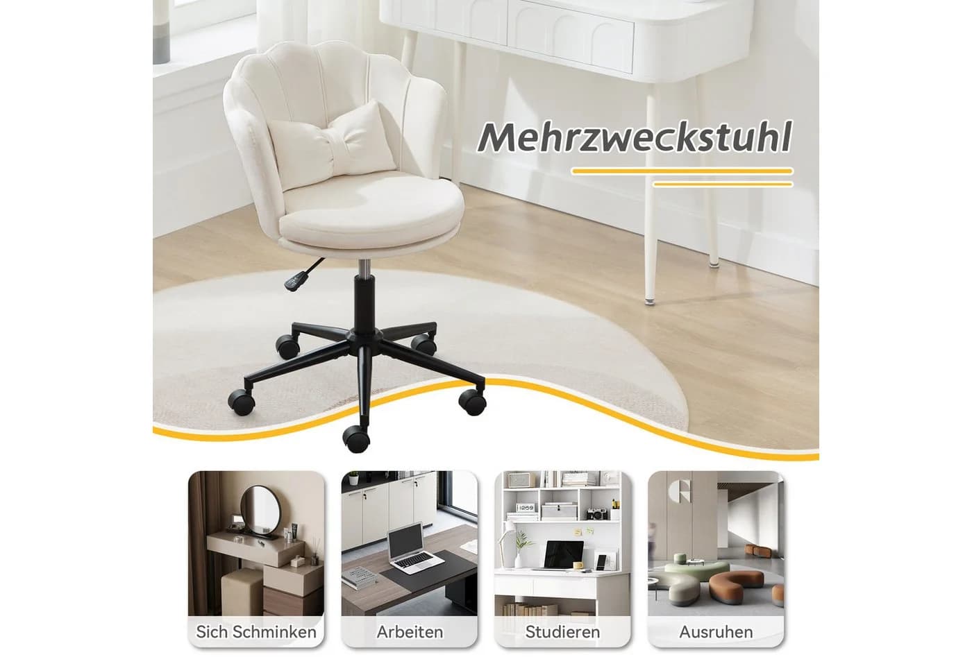 Merax Drehstuhl höhenverstellbar Beige Samt mit Lendenkissen - Bild 5