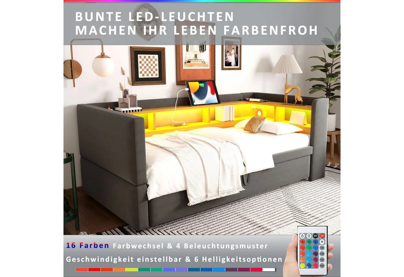 Merax Daybett Polsterbett Ausziehbett Schlafsofa Samt Grau - Bild 3