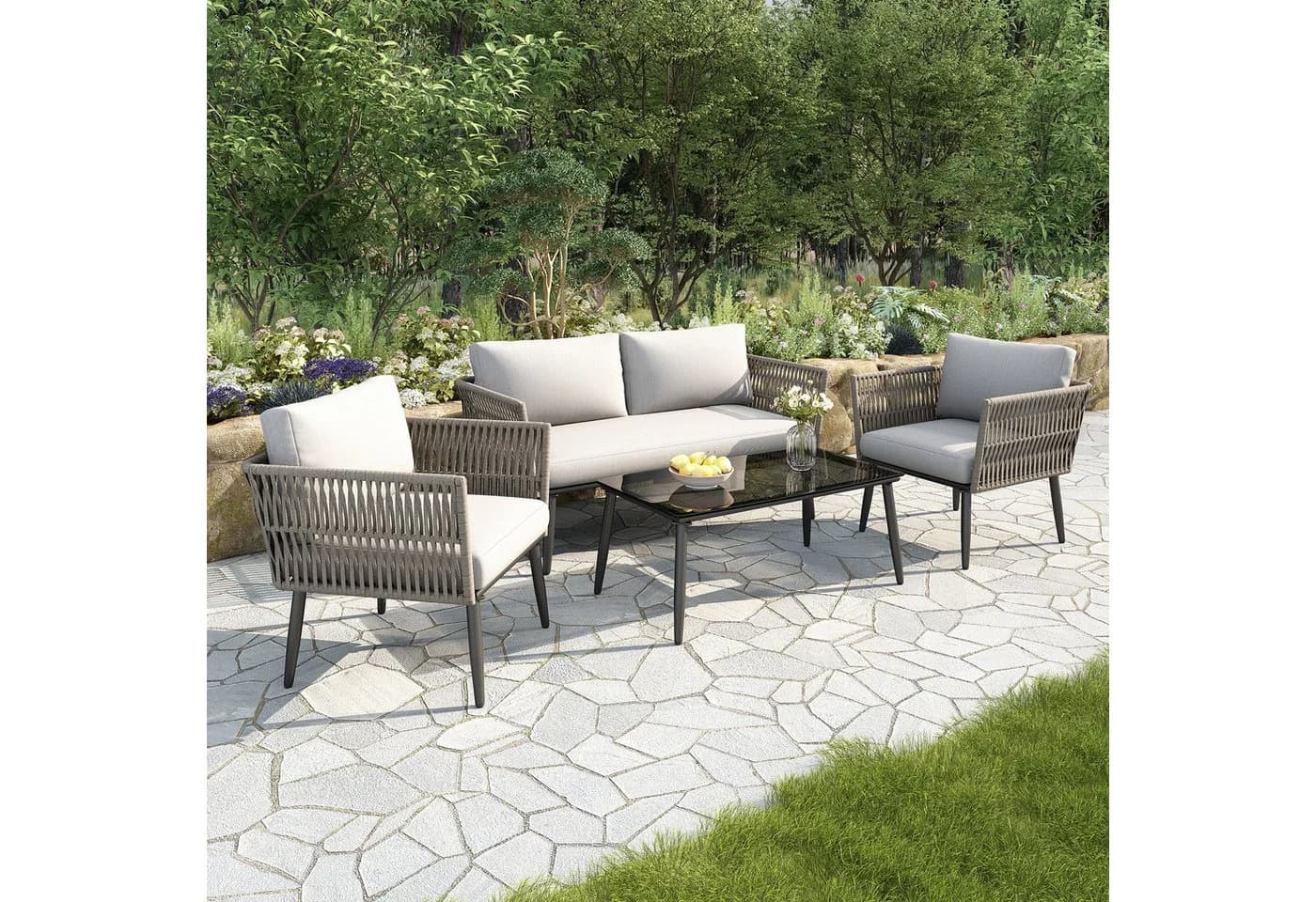 Merax Gartenlounge-Set 4-Sitzer Sofa Sessel Couchtisch - Bild 2