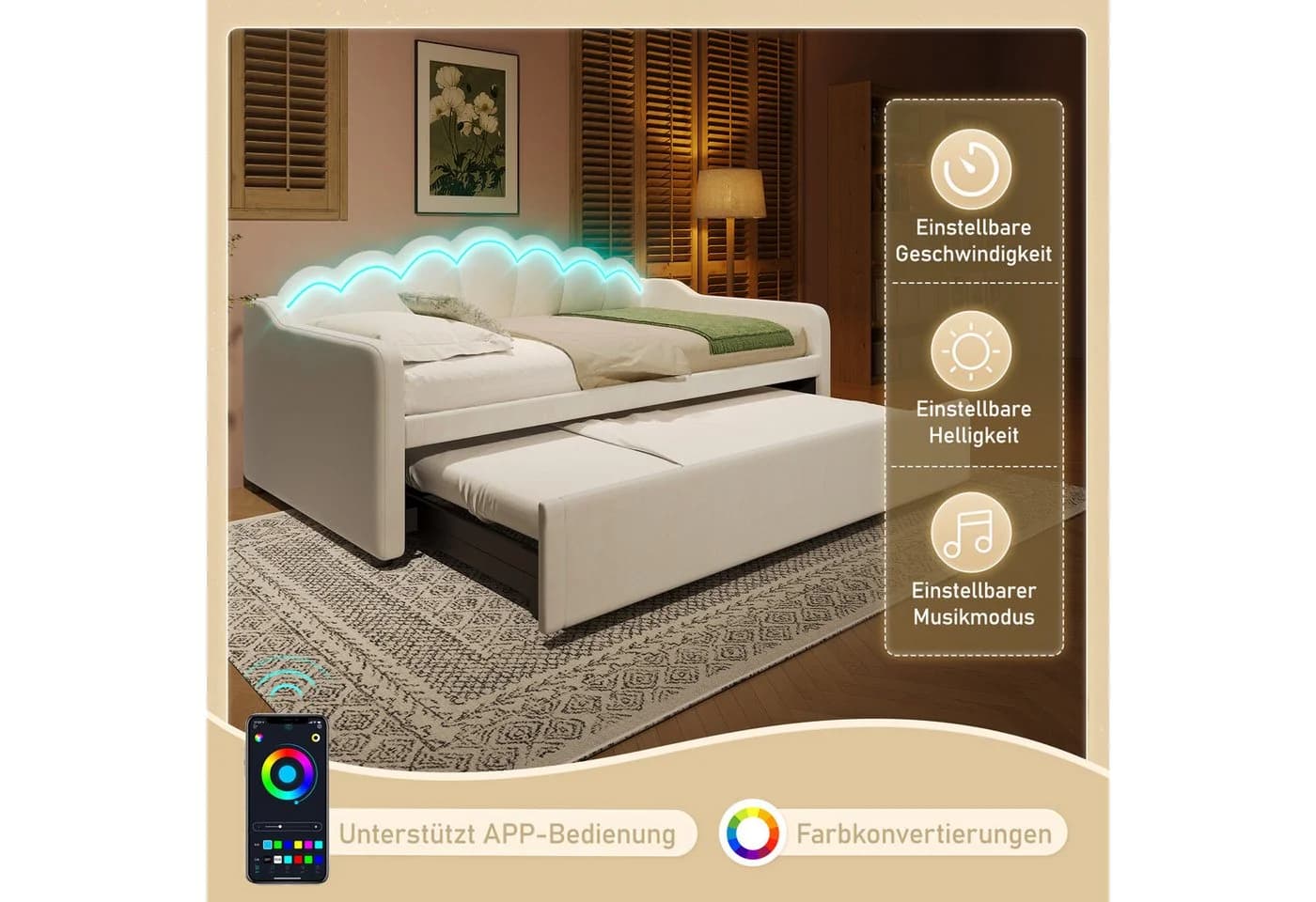 Merax Daybett mit Ausziehbett und LED-Streifen Samt - Bild 5