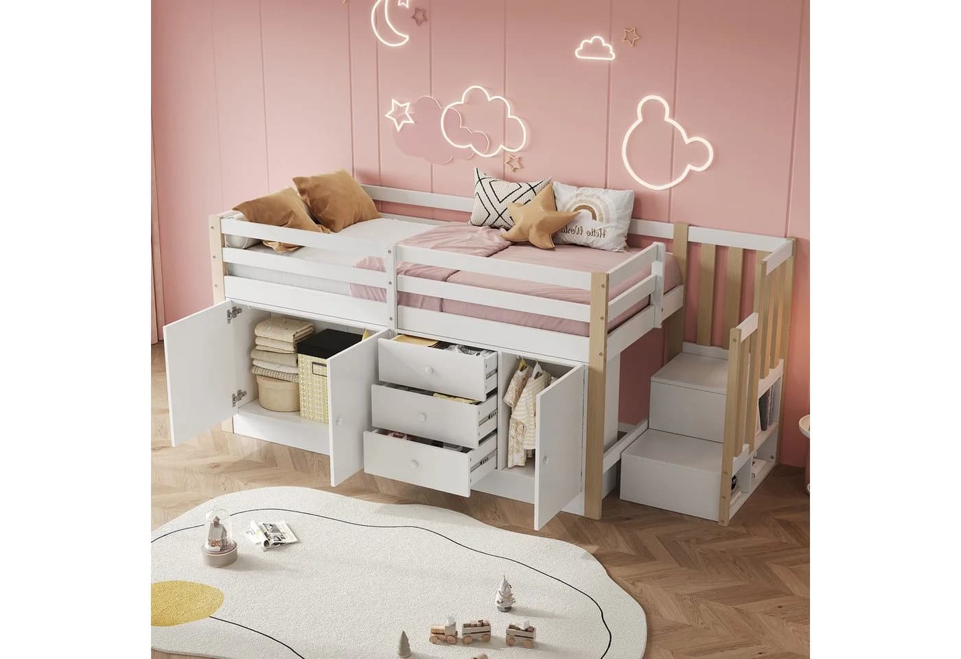Merax Hochbett Kinderbett 90x200cm mit Stauraum