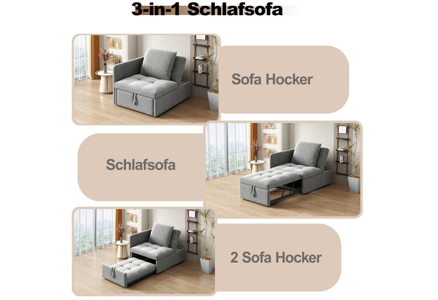 Merax Schlafsofa 3-in-1 Verstellbares Multifunktionsbett Leinenstoff - Bild 5