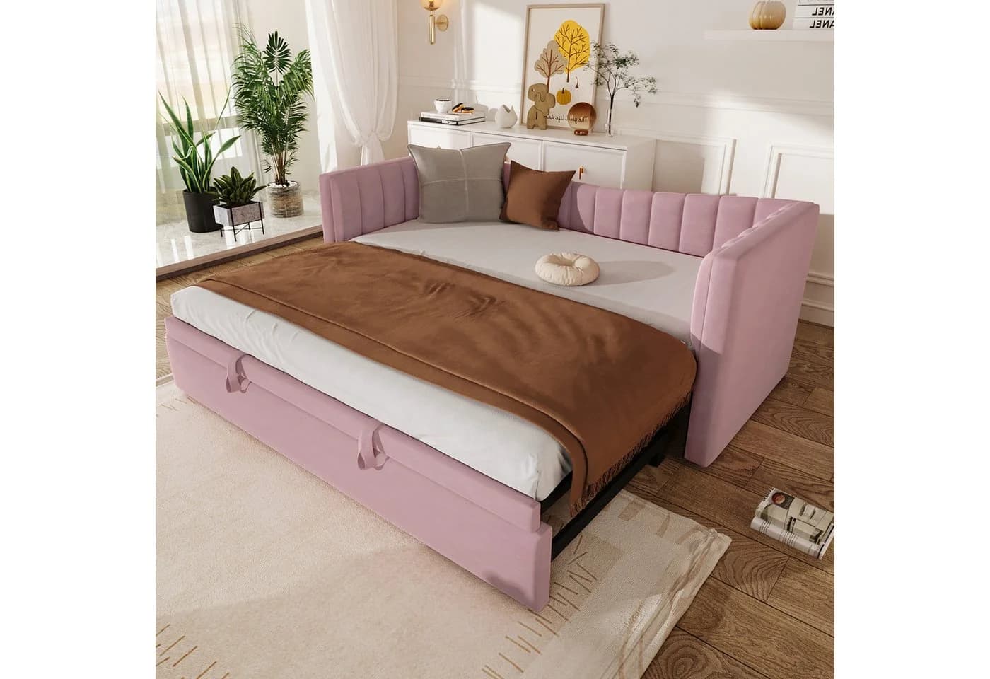 Merax Daybett Rosa/Weiß mit Ausziehbett Samt - Bild 2