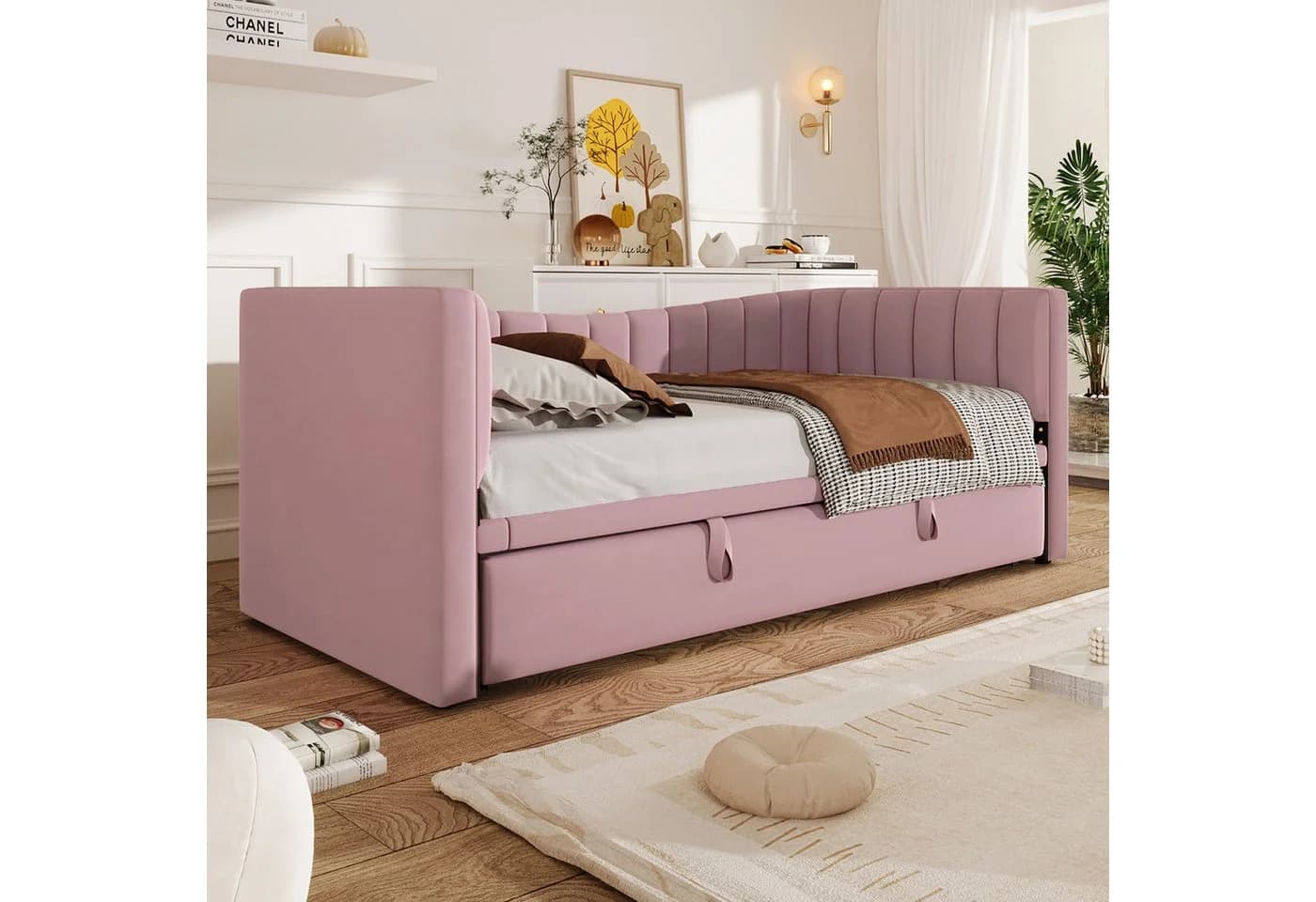 Merax Daybett Rosa/Weiß mit Ausziehbett Samt - Bild 3