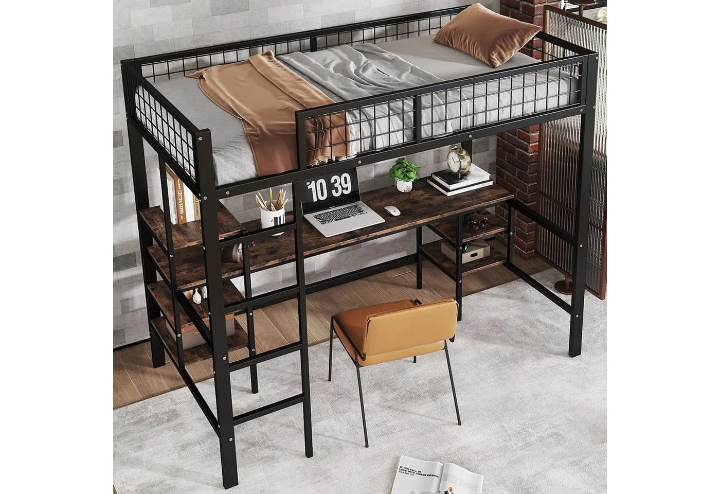 Merax Hochbett 1-Stufig Eisen Etagenbett 90x200cm mit Schreibtisch, Regal & 4-stufige Leiter