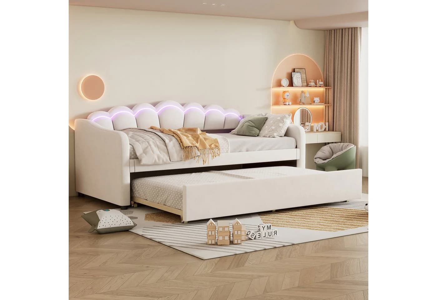 Merax Daybett 90x200cm mit Ausziehbett und LED-Beleuchtung Samt Beige - Bild 2
