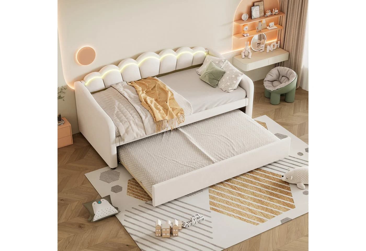 Merax Daybett 90x200cm mit Ausziehbett und LED-Beleuchtung Samt Beige - Bild 3