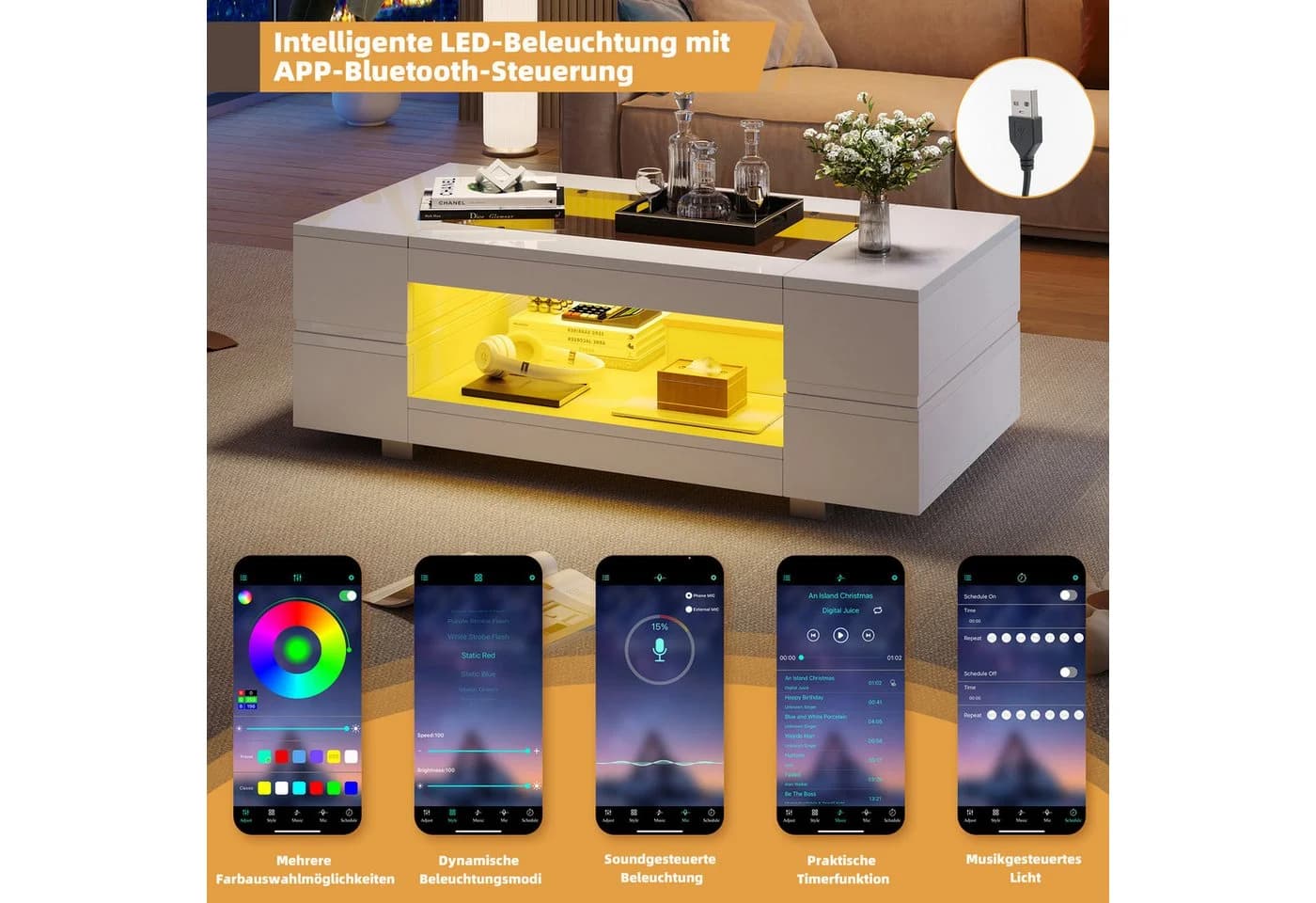 Merax LED-Couchtisch Hochglanz Schwarz/Weiß mit App-Steuerung - Bild 5