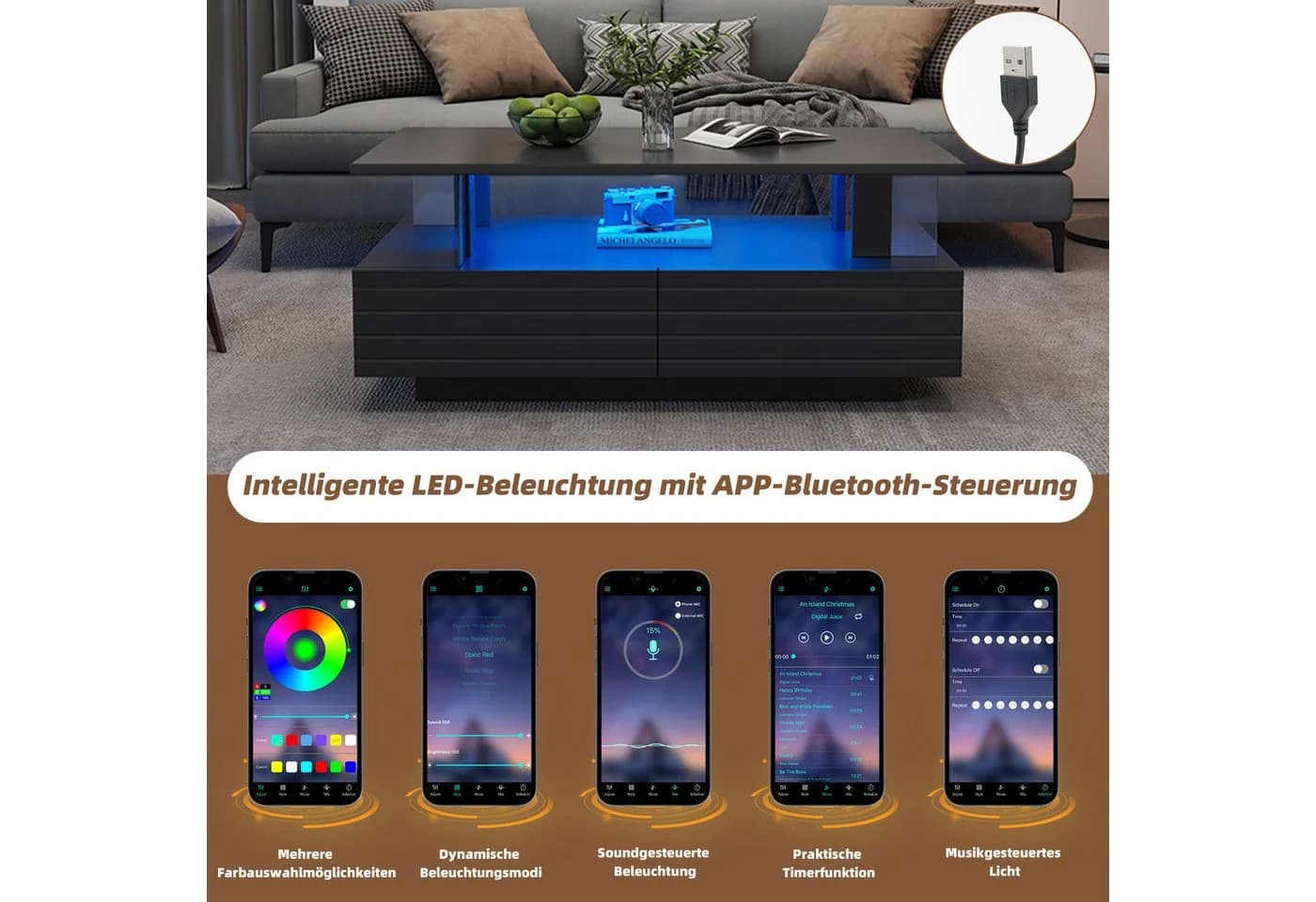 Merax LED-Couchtisch Schwarz mit 2 Schubladen & Stauraum - Bild 5