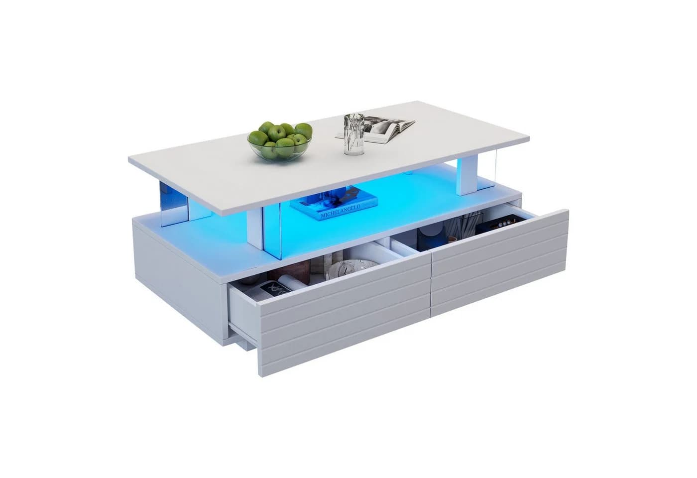 Merax LED-Couchtisch Weiß mit 2 Schubladen & Stauraum - Bild 2
