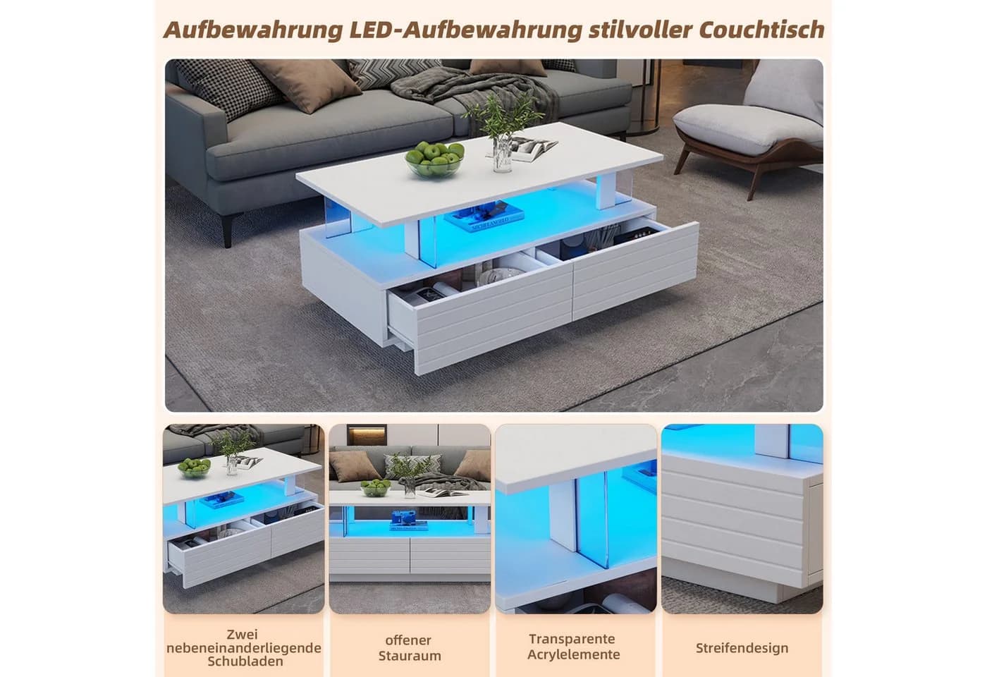 Merax LED-Couchtisch Weiß mit 2 Schubladen & Stauraum - Bild 5