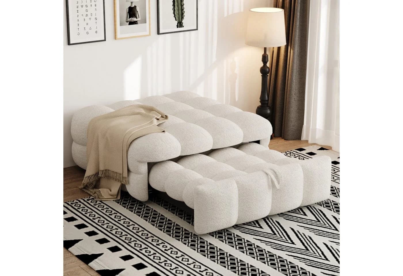 Merax Daybett 2-in-1 Fußhocker Schlafsofa Beige Rosa Grau