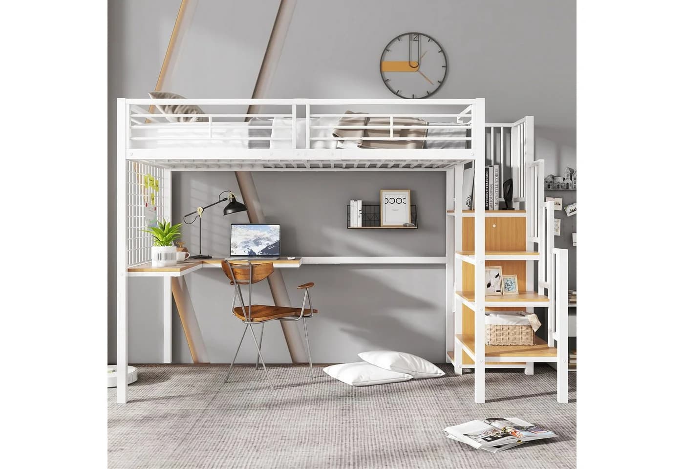 Merax Hochbett mit Schreibtisch und Kleiderschrank Weiß/Schwarz