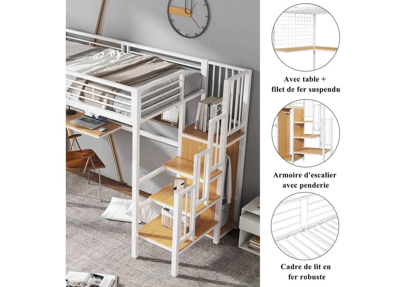 Merax Hochbett mit Schreibtisch und Kleiderschrank Weiß/Schwarz - Bild 4