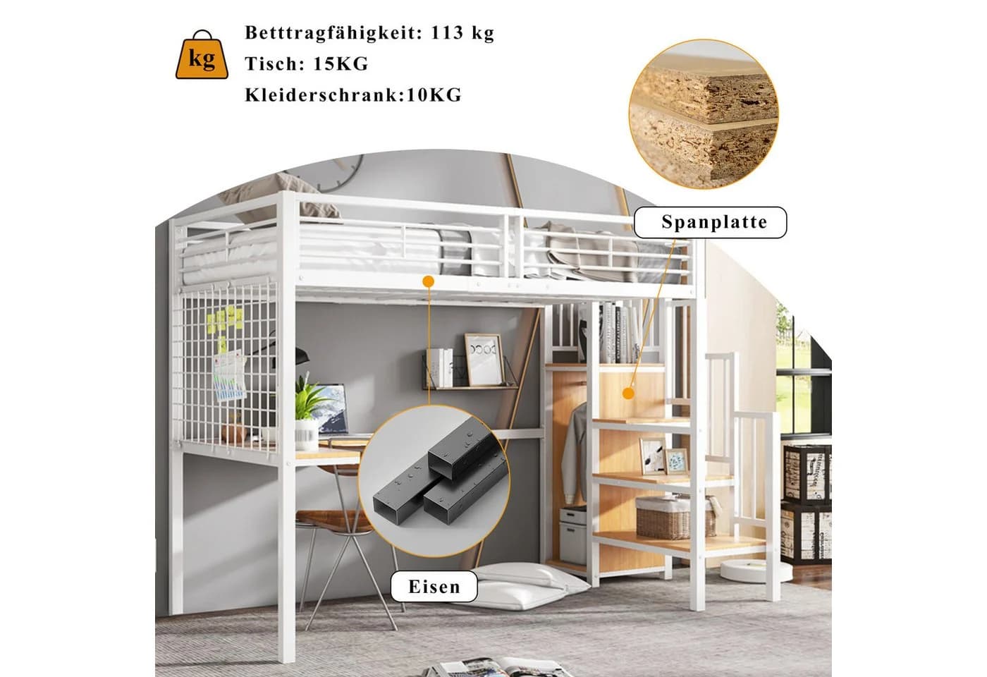 Merax Hochbett mit Schreibtisch und Kleiderschrank Weiß/Schwarz - Bild 5