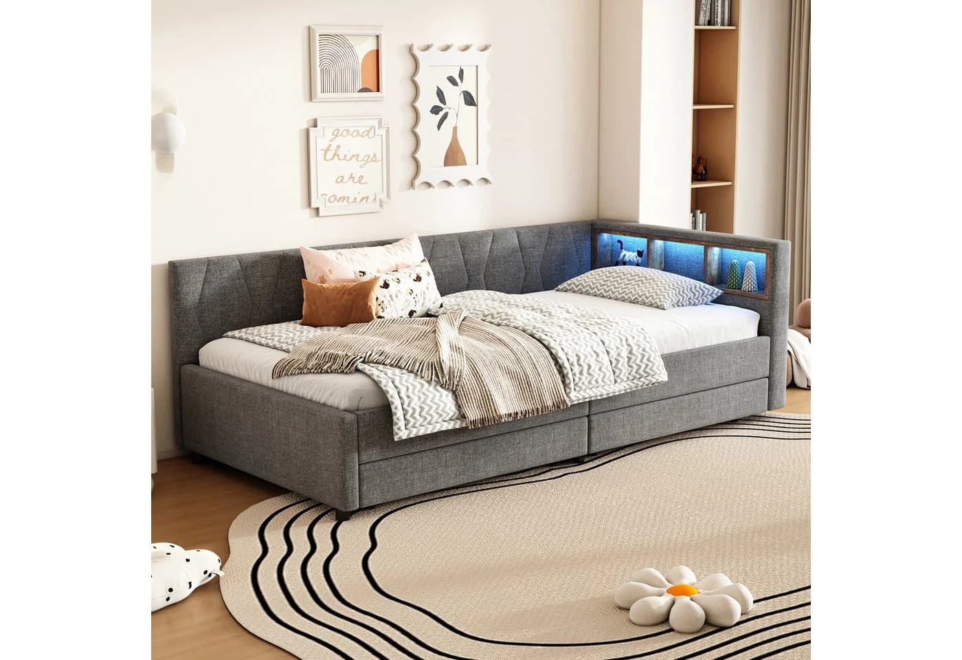Merax Daybett Tagesbett 90x200cm mit LED, USB-C & Schubladen, Leinen