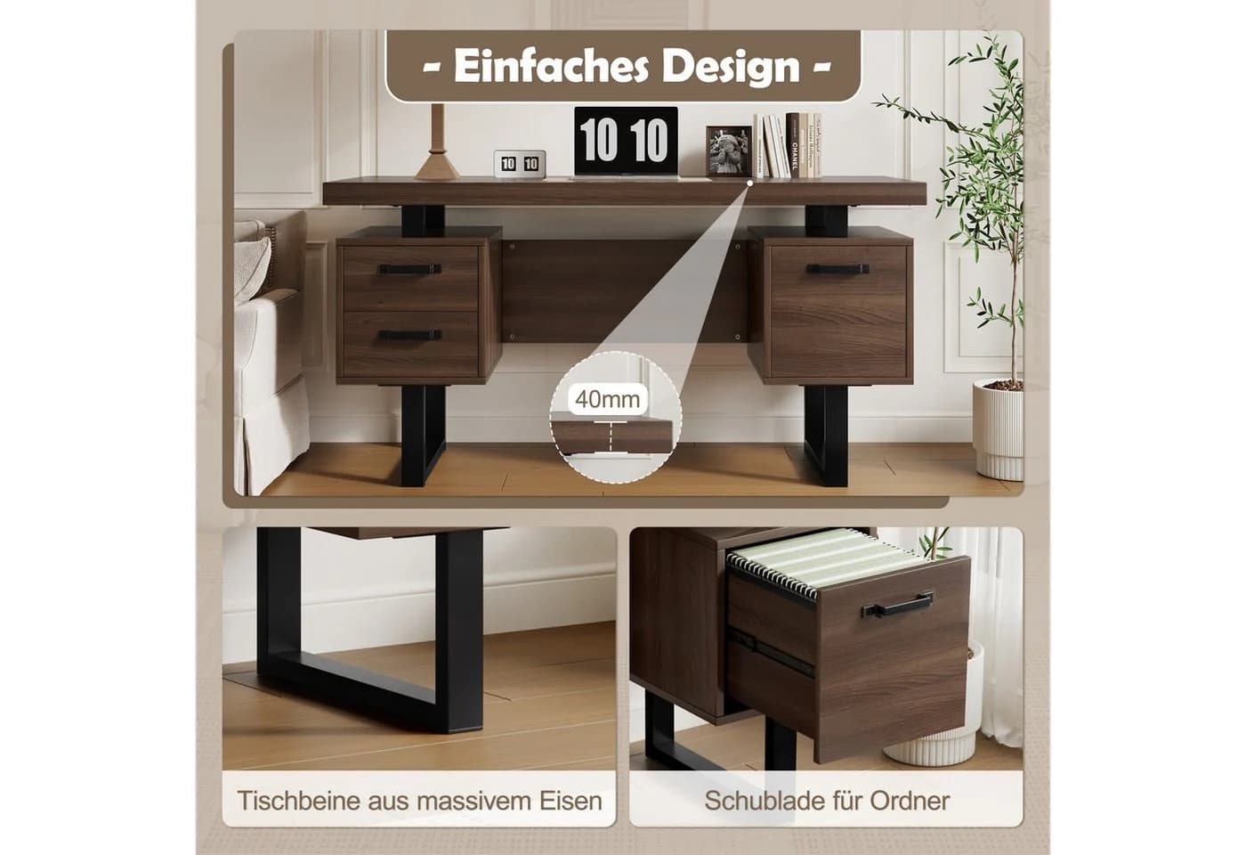 Merax Schreibtisch 1-St Arbeitstisch mit 3 Schubladen Bürotisch aus MDF Stahlrohr 135x54x74cm - Bild 4