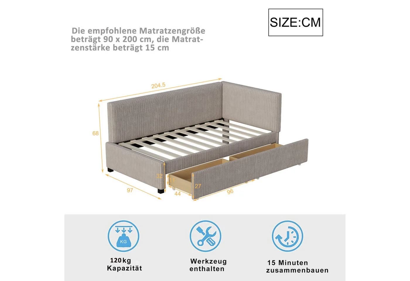 Merax Polsterbett Schlafsofa 90x200cm mit Stauraum Samt Grau/Beige - Bild 5
