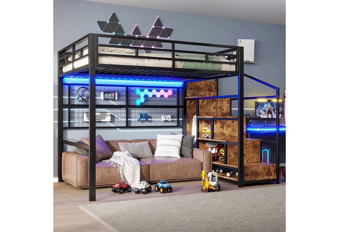 Merax Hochbett 140x200 cm mit LED-Beleuchtung und Stauraumleiter - Bild 2