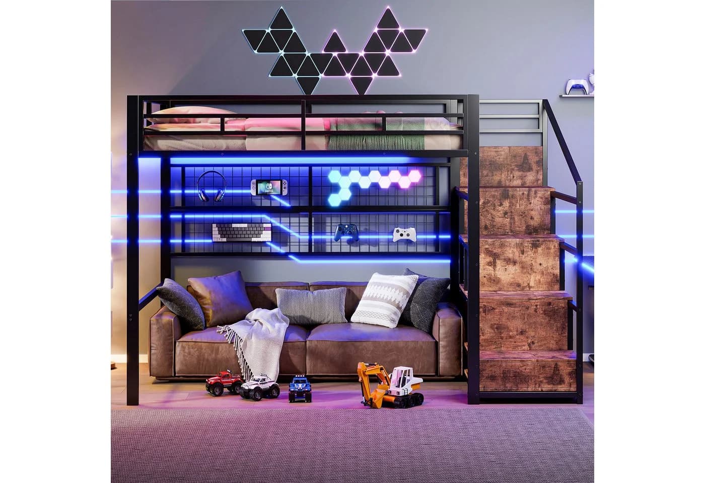 Merax Hochbett 140x200 cm mit LED-Beleuchtung und Stauraumleiter - Bild 3